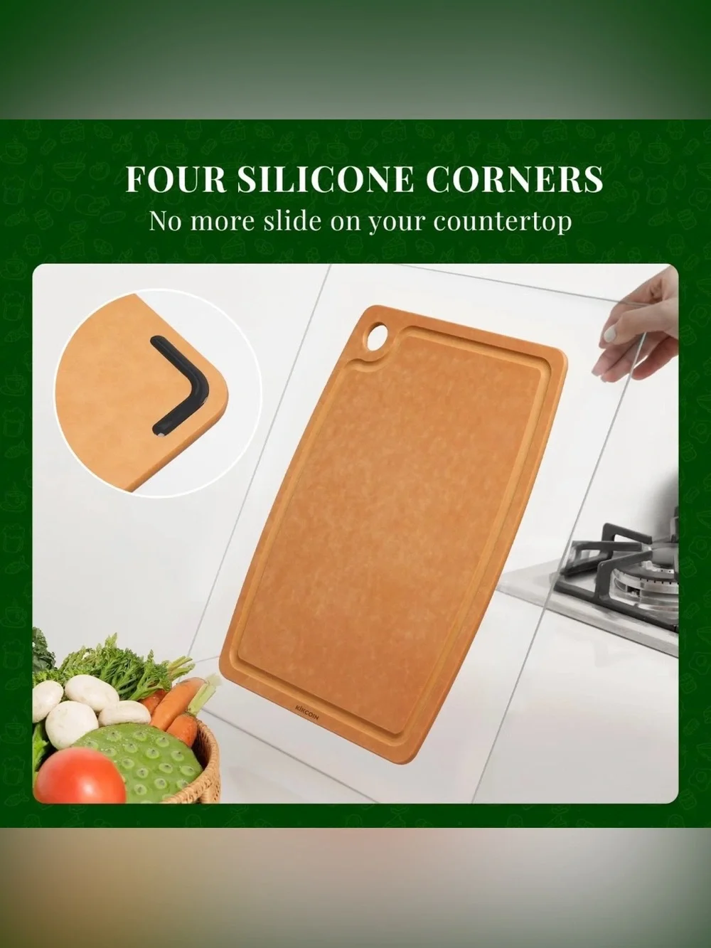 Kikcoin Wood Cutting Board, Cutting Boards for Kitchen Dishwasher Safe Non-sl...